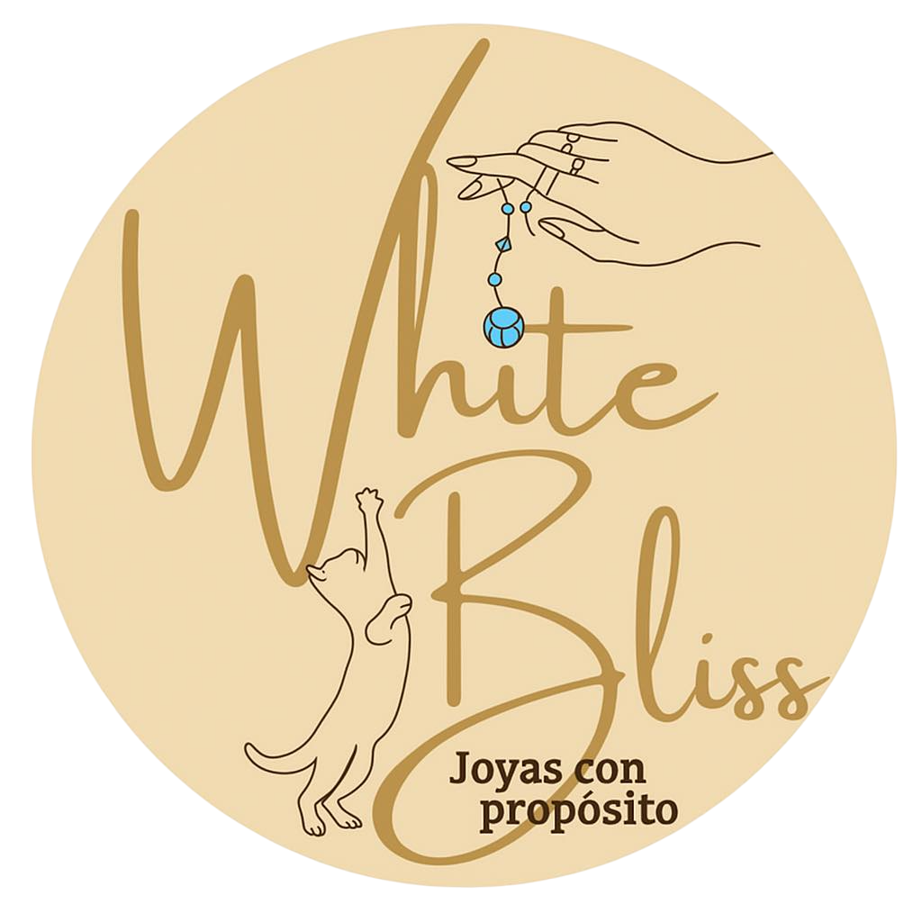 Logotipo de joyería White Bliss sobre un círculo beige con manos, rosario y el contorno de un perro pequeño;