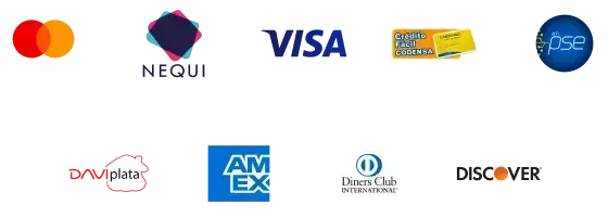 Collage de logotipos de métodos de pago: Mastercard, Nequi, Visa, PSE, Daviplata, AMEX, Diners Club y Discover.