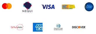 Collage de logotipos de métodos de pago: Mastercard, Nequi, Visa, PSE, Daviplata, AMEX, Diners Club y Discover.