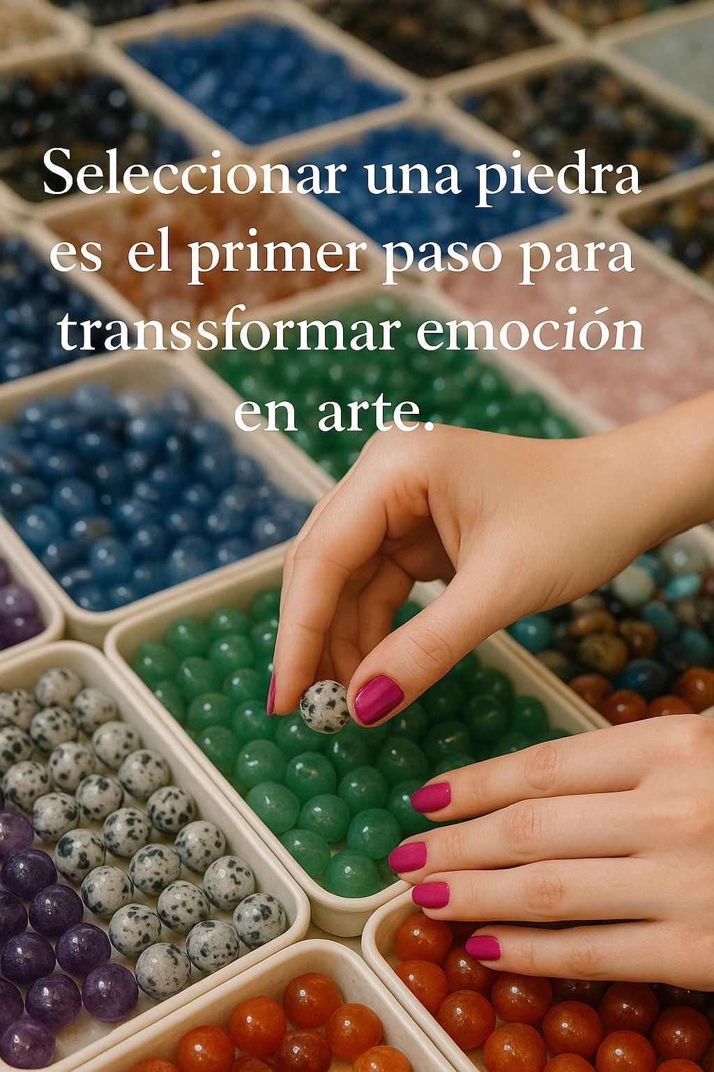 Manos seleccionando cuentas verdes de bandejas de piedras preciosas de colores, con texto en español superpuesto.