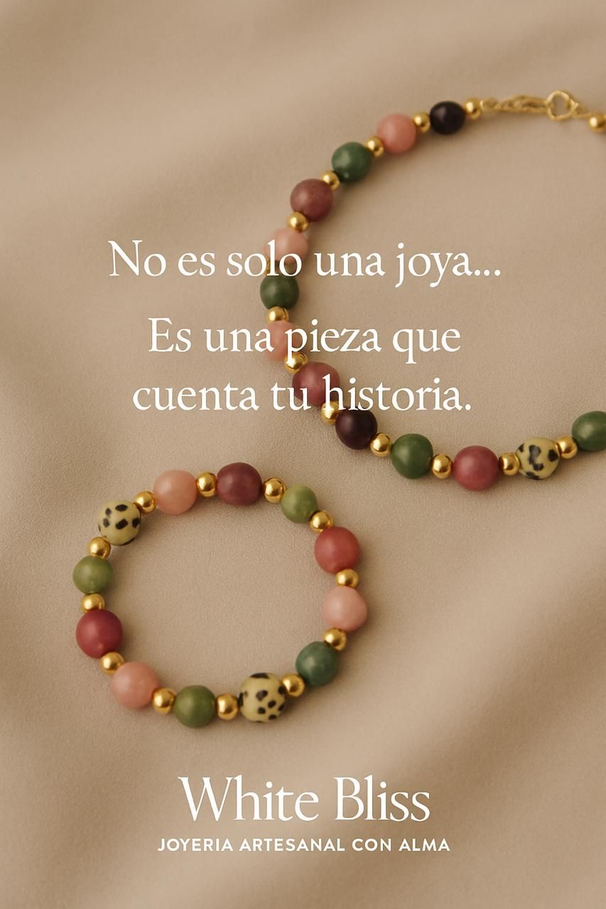 Pulseras de cuentas rosa, verde y marrón con texto promocional de White Bliss sobre fondo beige.
