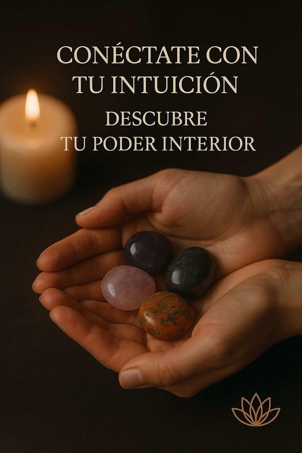 Manos sosteniendo cristales junto a una vela encendida con un texto en español sobre la conexión con la intuición y el poder interior.