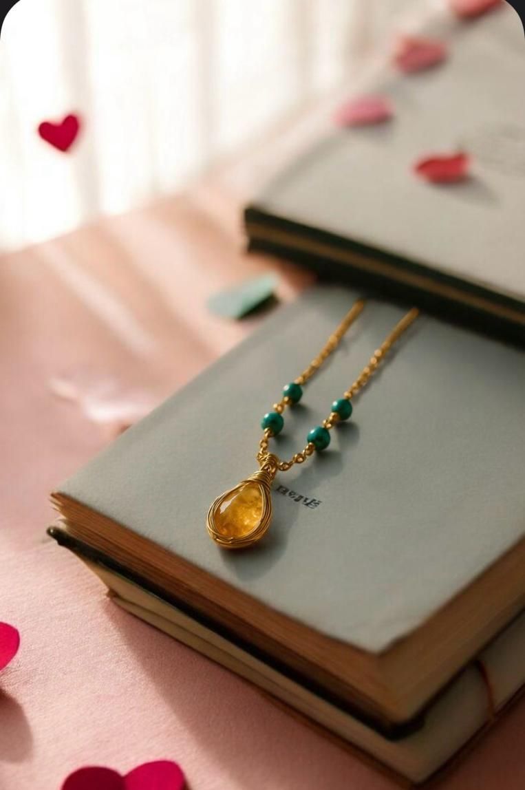 Collar con colgante de oro sobre un libro cerrado, con confeti de corazones rojos sobre una superficie rosa suave.