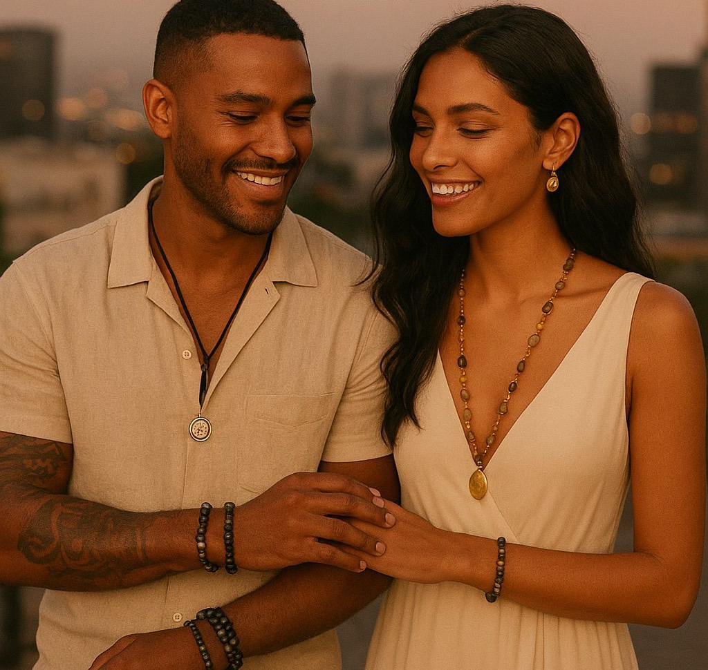 Una pareja sonríe y se toma de la mano al atardecer, con las cálidas luces de la ciudad de fondo.