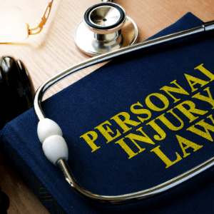 Stethoscope on a blue book labeled “Personal Injury Law”