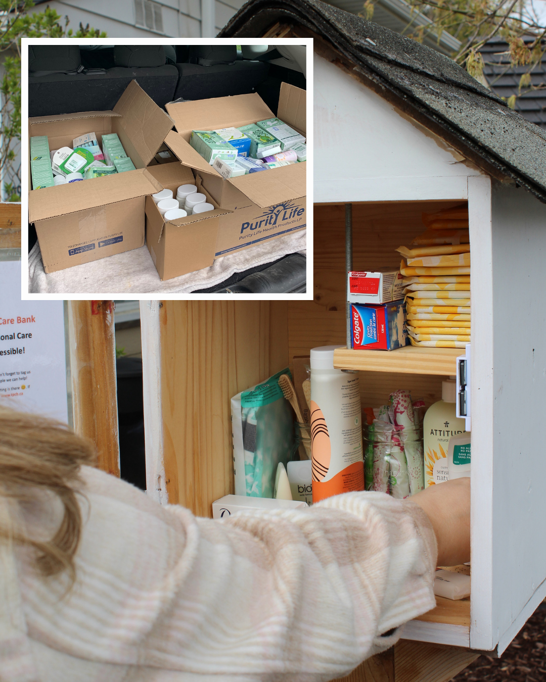 A box of tissues and toilet paper that is going to be donated to charity