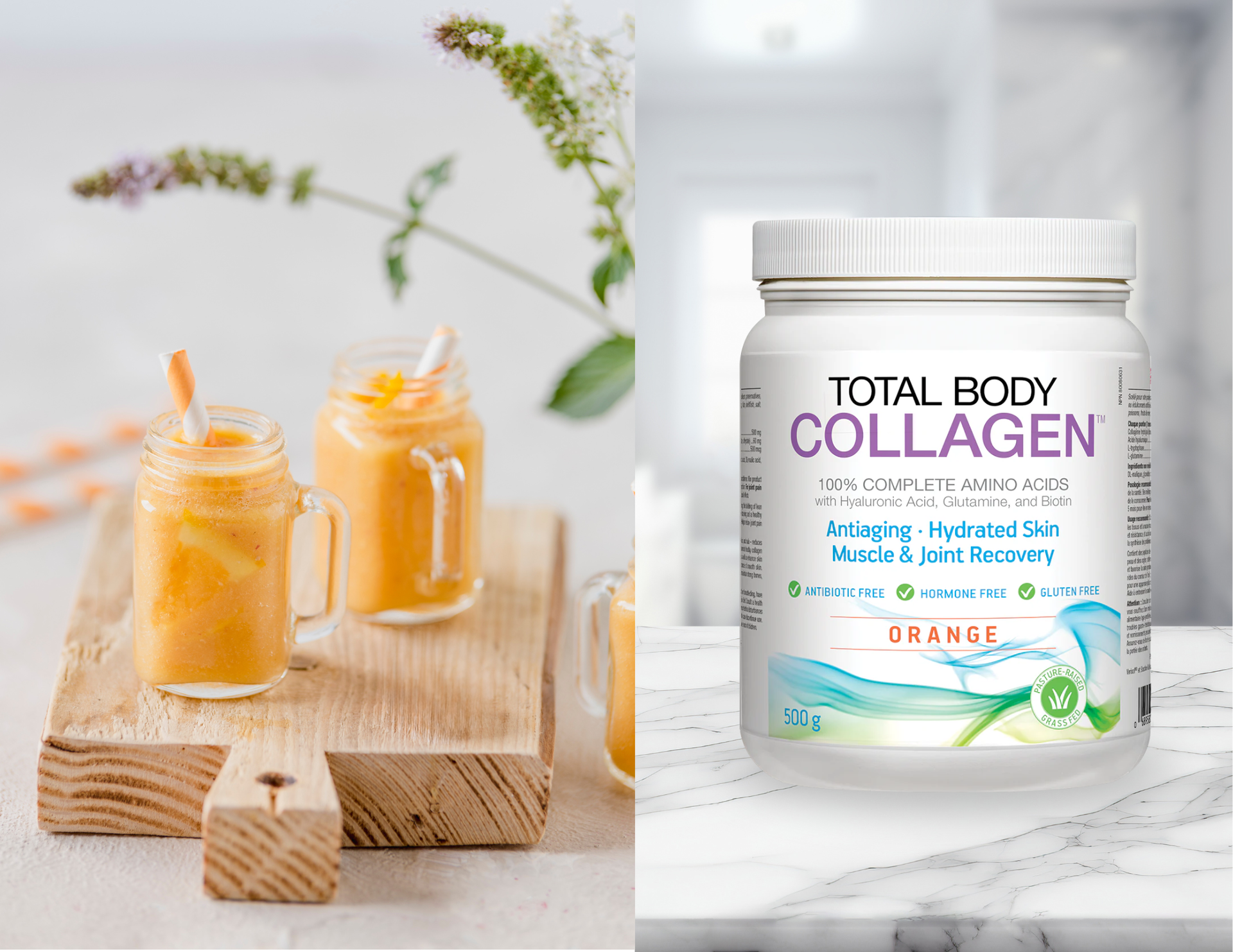 On the left, two orange creamsicle smoothies sit on a cutting board, on the right is a container of Total Body Collagen