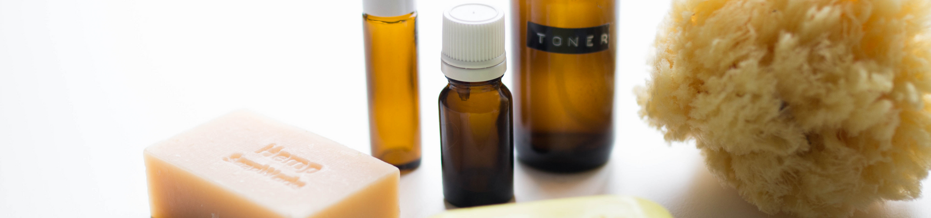 Bottles of toner and a bar of soap