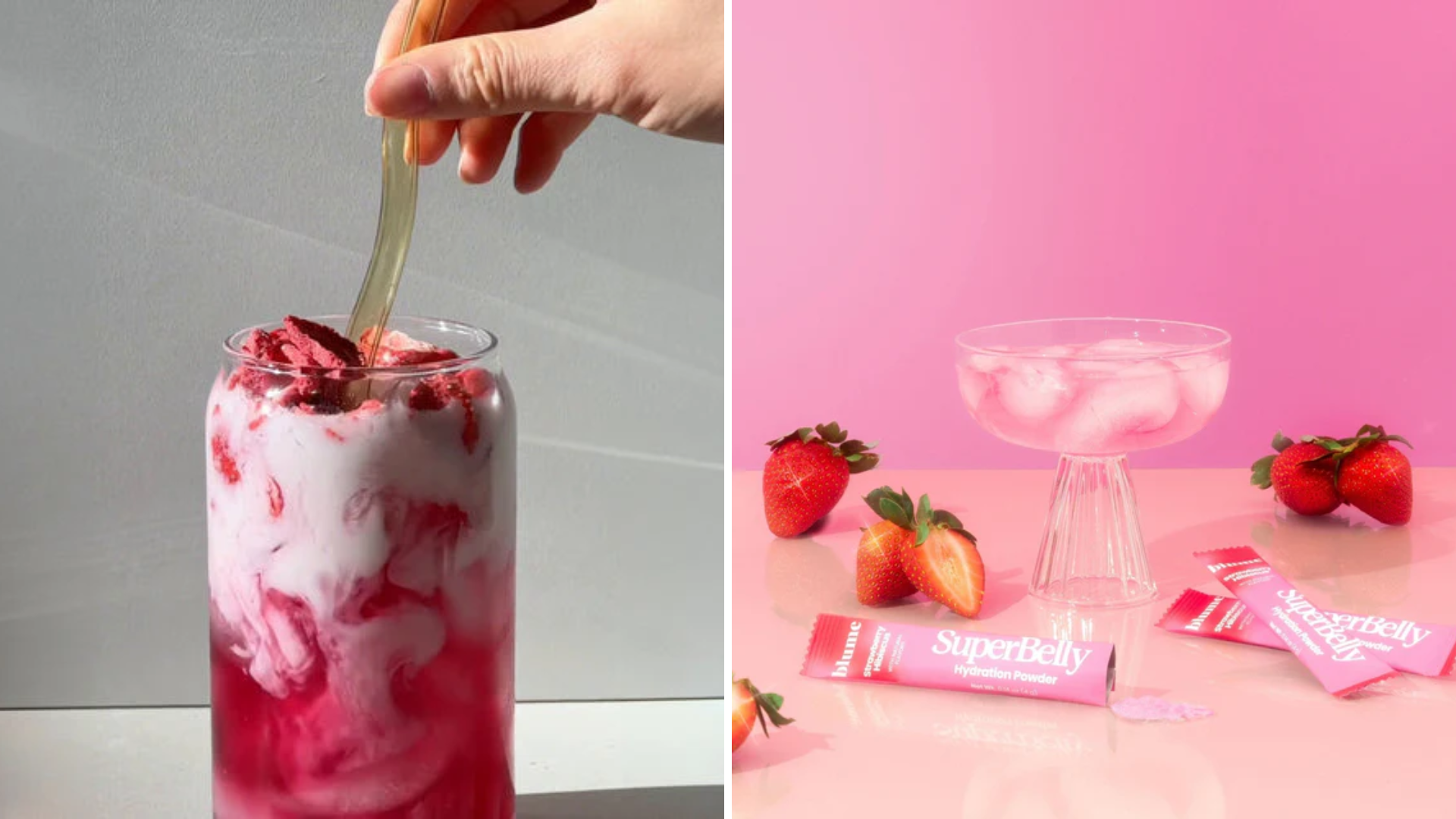 Two pictures: on the left a person stirs a Valentine's Day Smoothie, on the right is a pink mocktail sitting in a glass