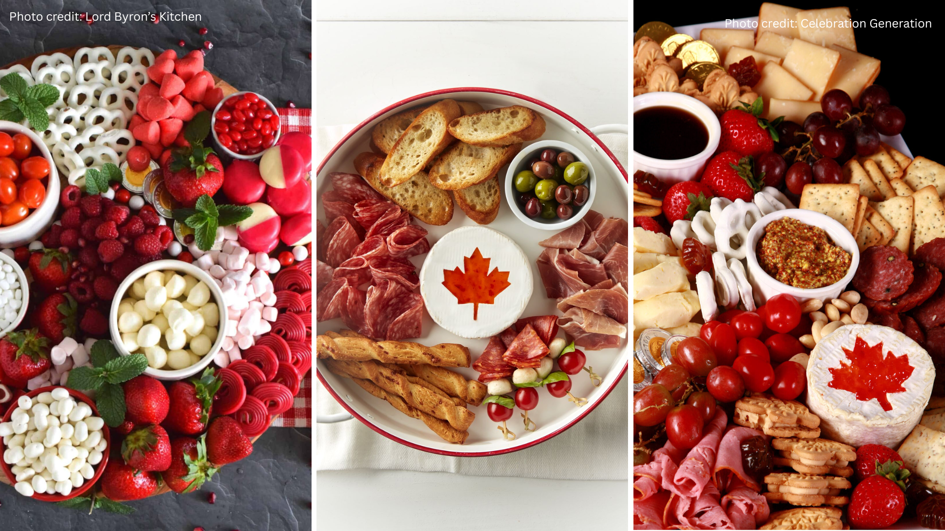 Various red and white canada day themed charcuterie boards
