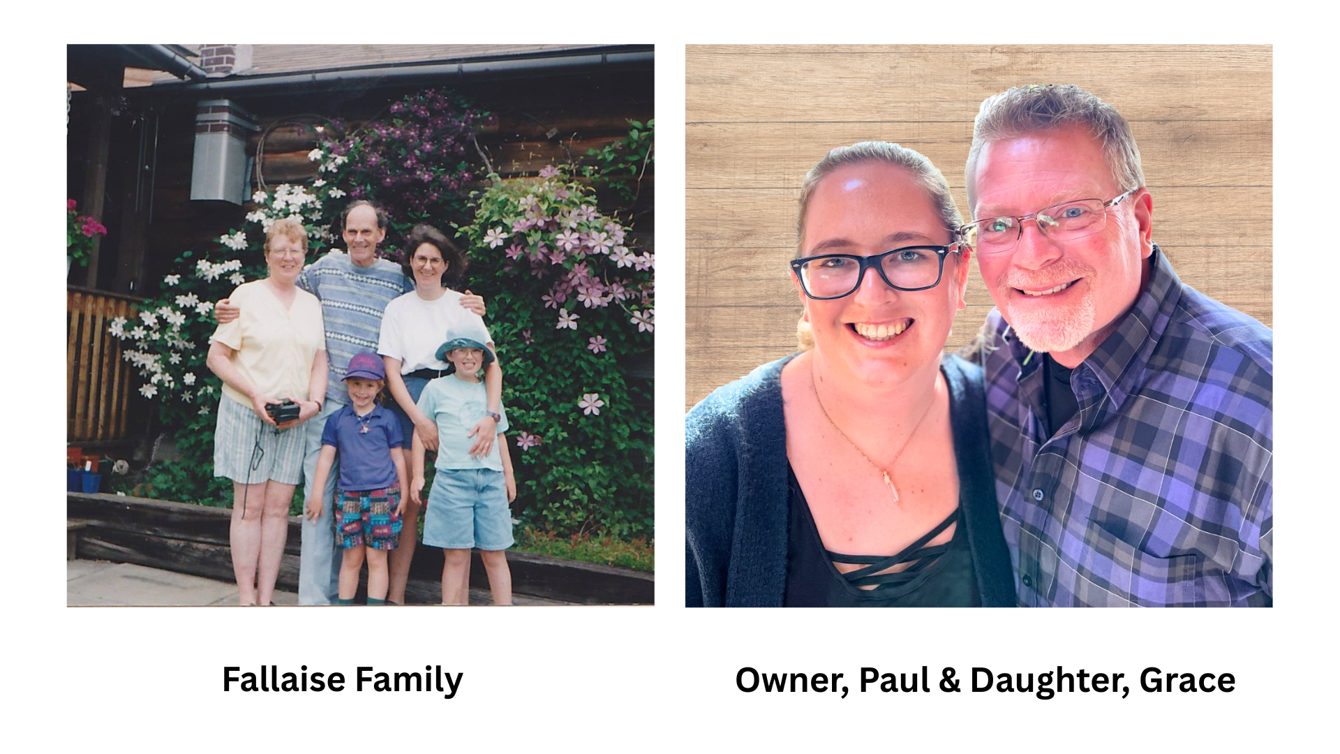 A man and a woman smiling, posing for a picture. And a family smiling and posing for picture.