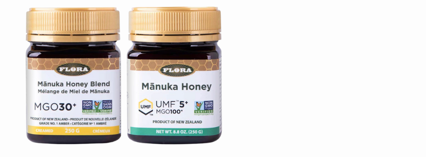 Flora's Manuka Honey Blend in its container sitting next to Flora's Manuka Honey product, also in its container