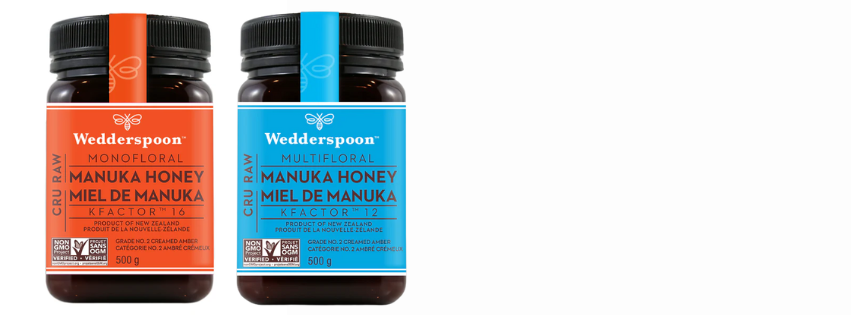 Wedderspoon's Manuka Honey orange product container, sitting next to Wedderspoon's Manuka Honey blue product container