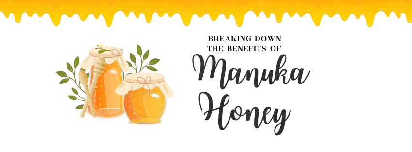 Title: Breaking Down the benefits of Manuka Honey
Two jars of honey sit to the left while liquid honey drips from the top