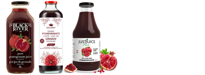 A bottle of Red Crown Pomegranate Juice and JustJuice Pomegranate Juice sits against a plain white background
