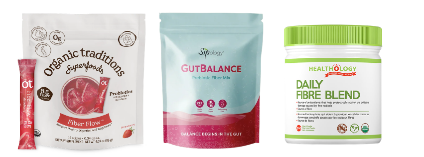A bag of organic traditions, a bag of sipology gutbalance and a jar of daily fibre blend from healthology