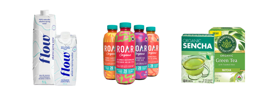 Various products like: Flow Water and Roar Water