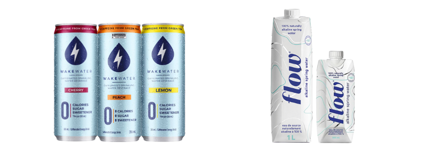 Cans of WakeWater and bottles of Flow Water