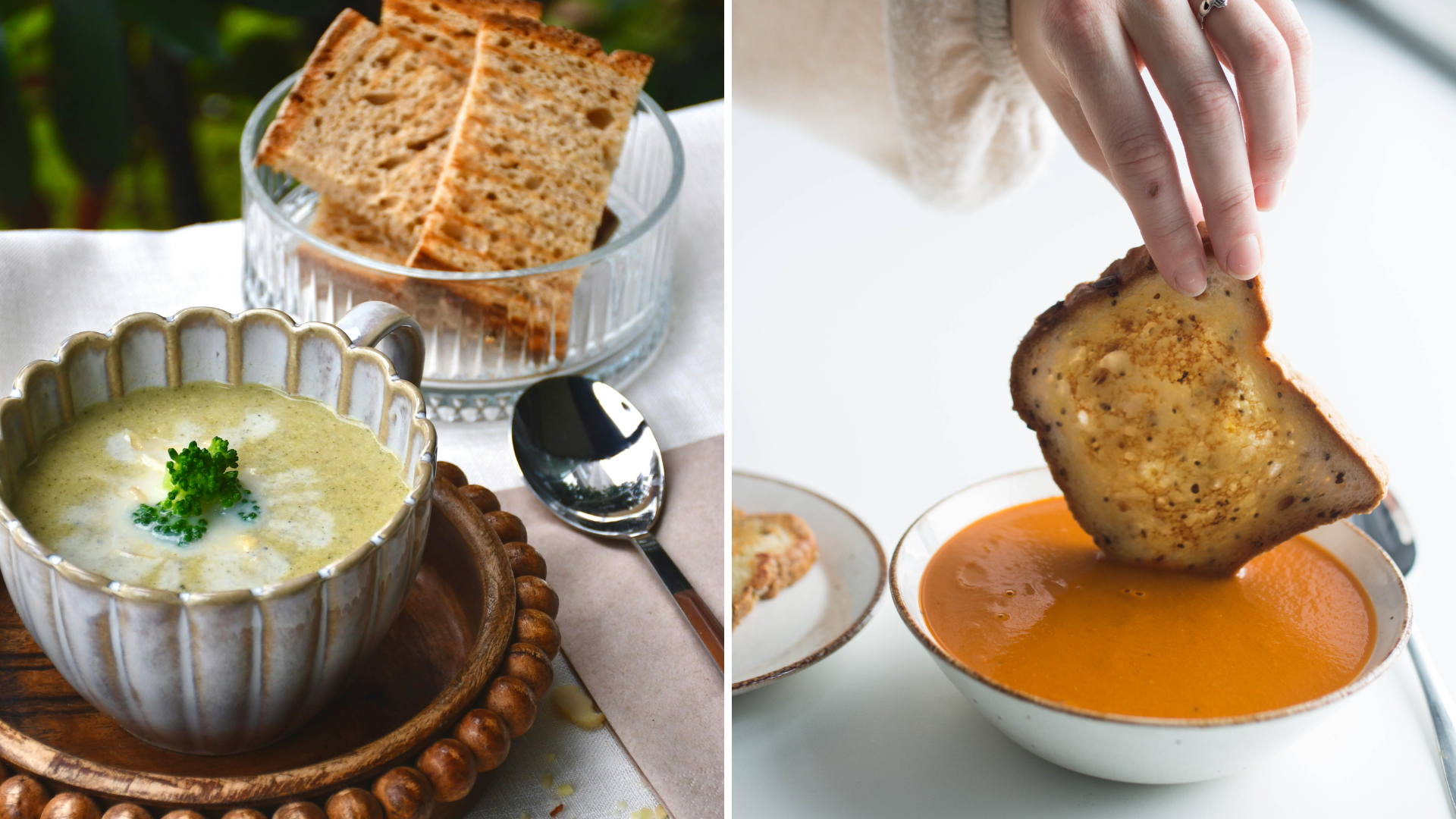 On the left, a cream of broccoli soup sitting in a bowl, on the right, a cream of tomato soup with toast.
