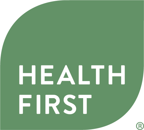 A square green logo with the text: Health First in the middle