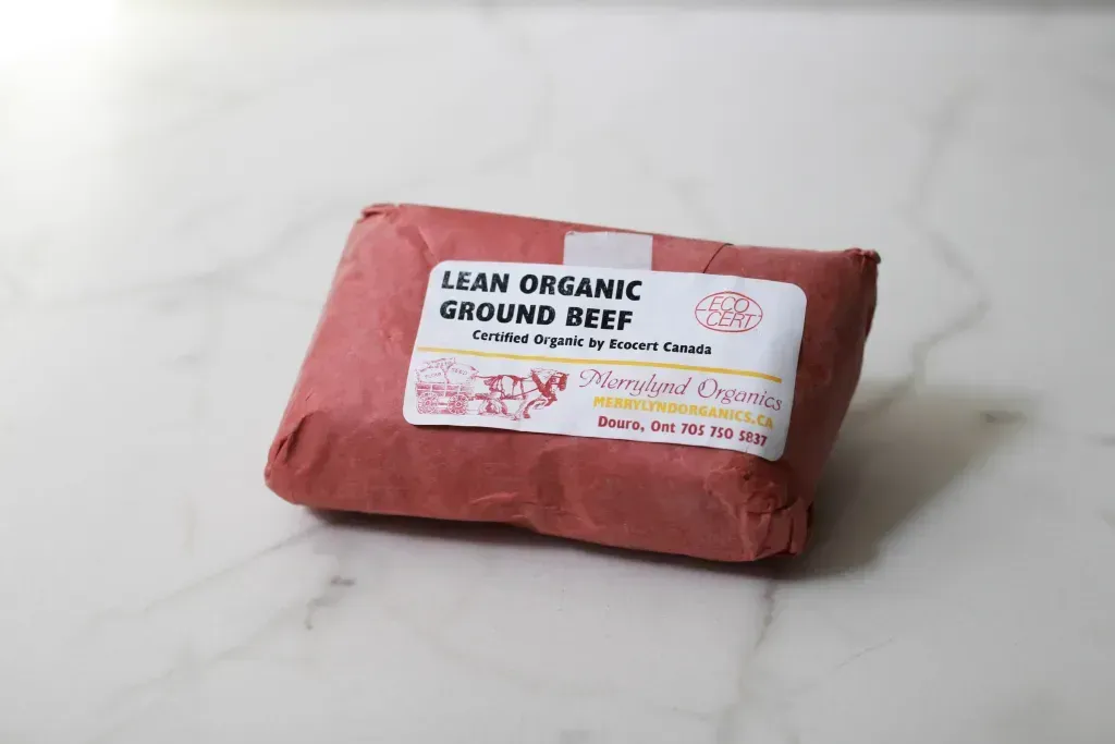A package of lean organic ground beef from Merrylynd Organics