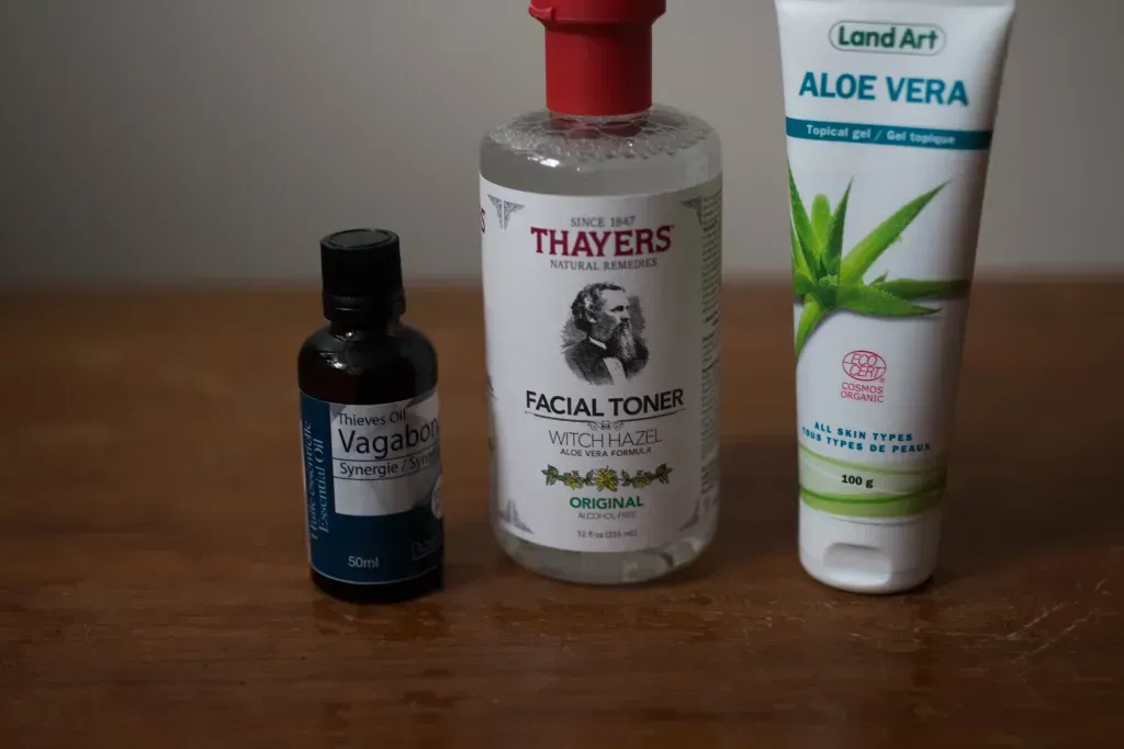 witch hazel toner, aloe vera, essential oil
