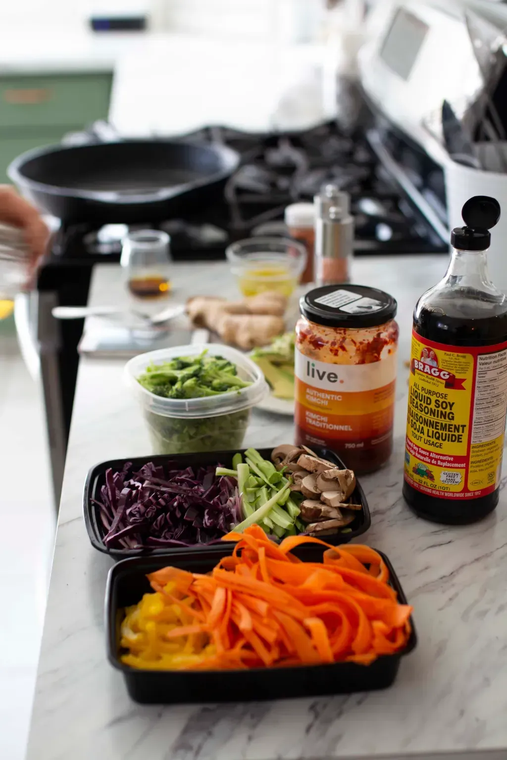kimchi, soy sauce, and vegetables