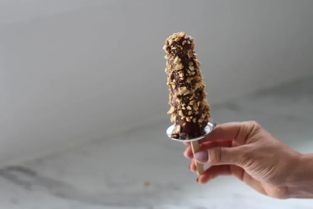 A person holds up a chocolate popsicle