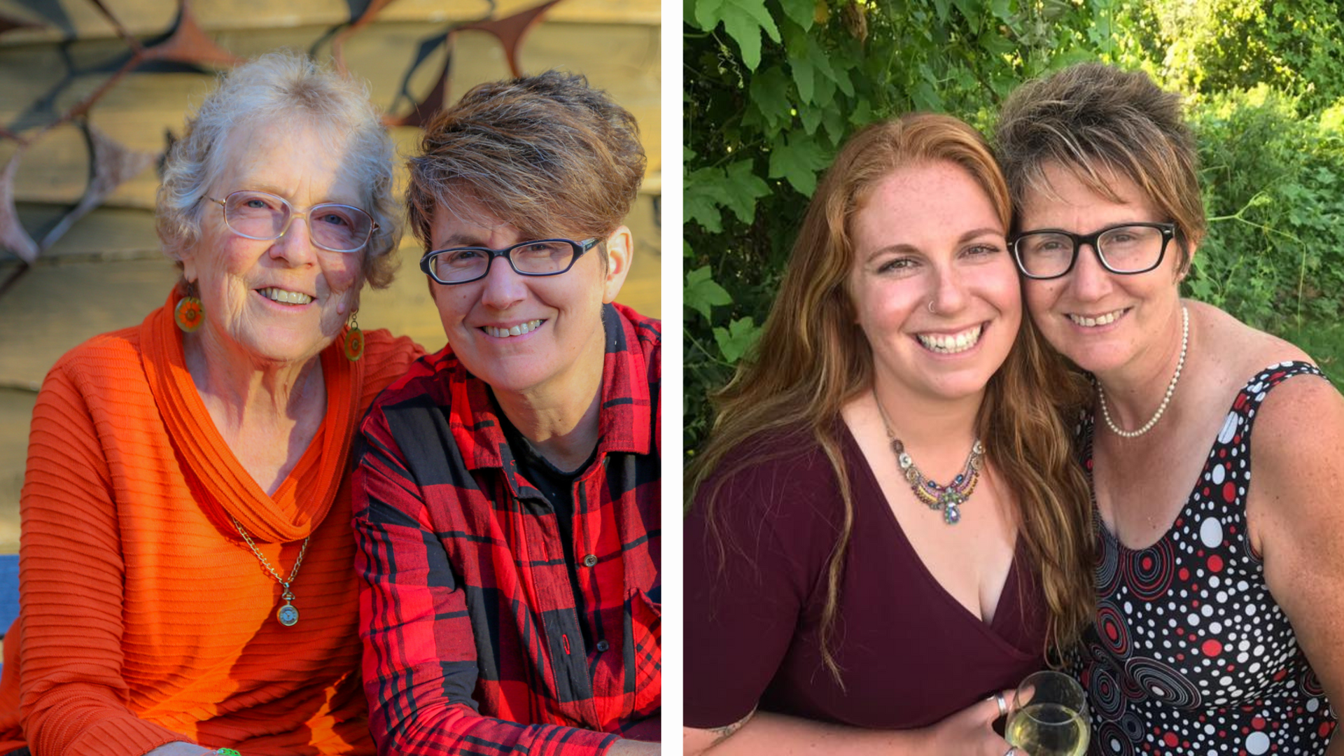 On the left, two women pose for the camera, on the right, two women pose for the camera outside