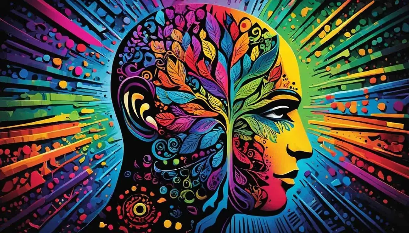 A psychedelic image of a person's head with all sorts of colours popping out