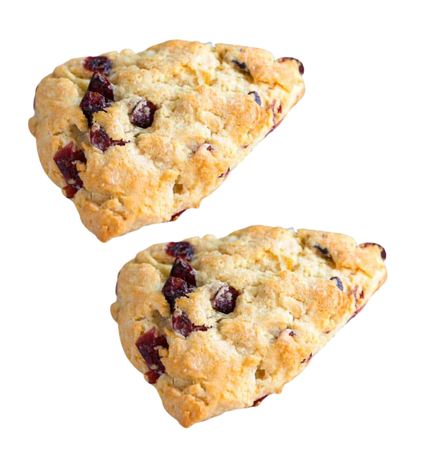 Two raspberry scones sit blankly against a white background