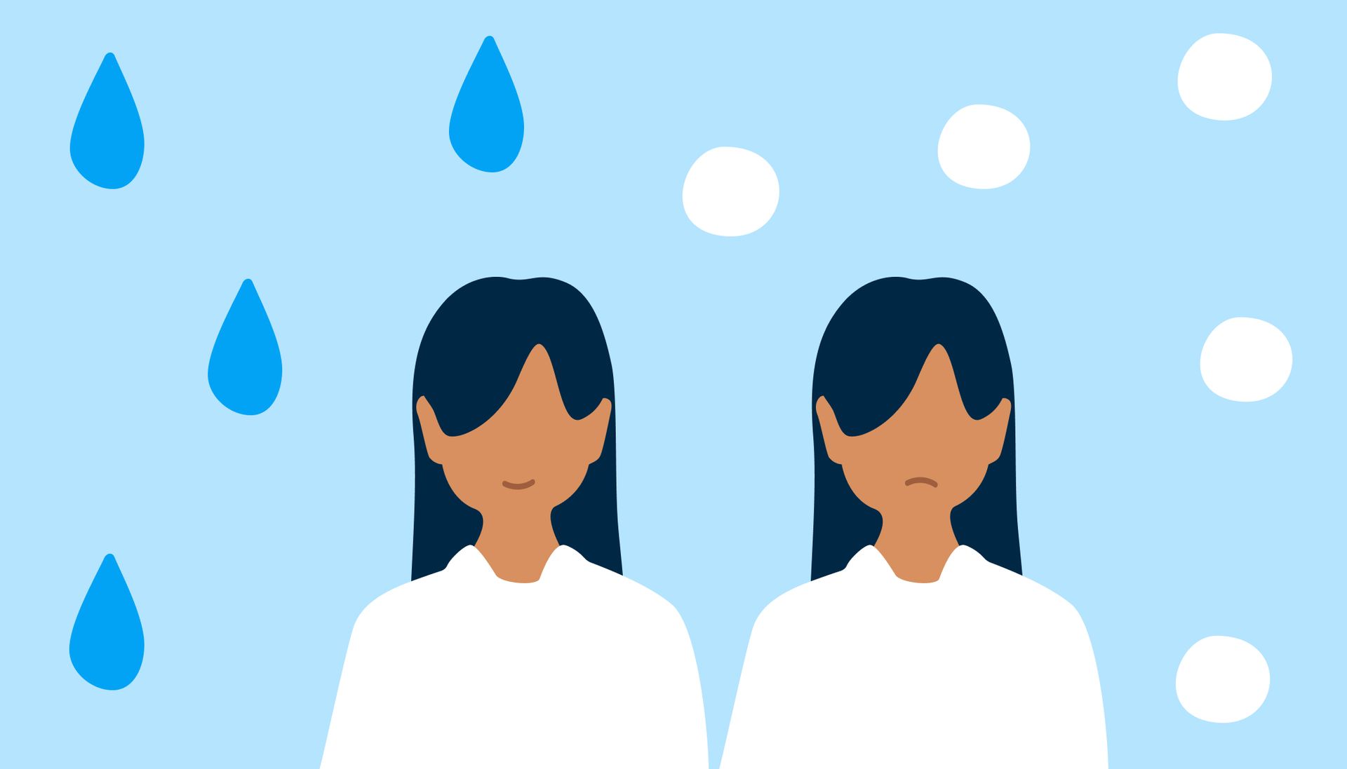 Two women stand, one on the left looks happy and is surrounded by rain, the other looks sad and is surrounded by snow