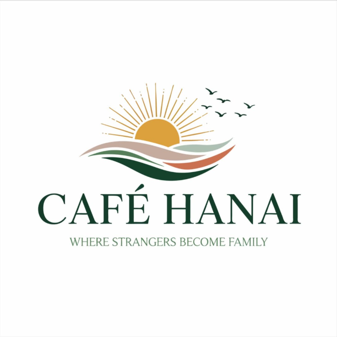 the logo for cafe hanai: a sun setting over colourful mountains and birds