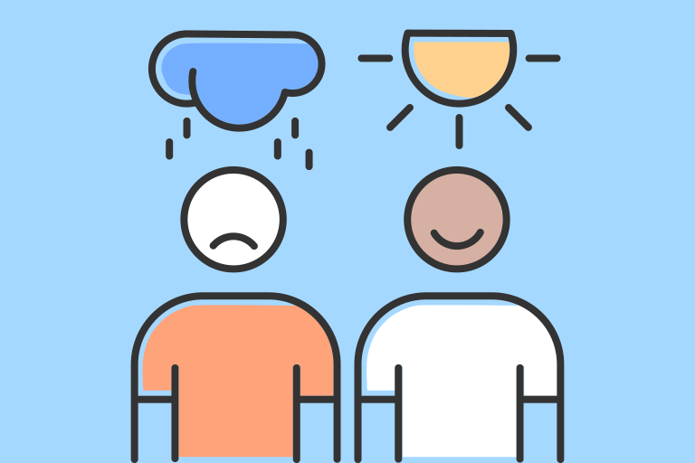 Two people standing, one is upset with a rain cloud over their head and the other is happy with a sun over their head