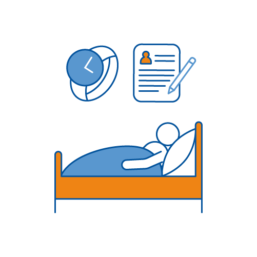 A graphic of a man sitting in bed and a watch and paper and pen float above him