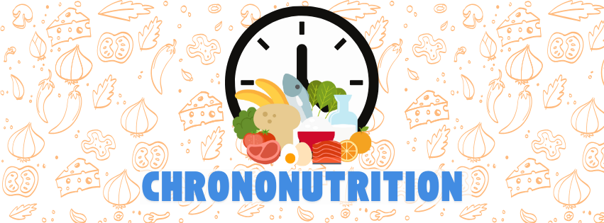A clock in the middle with an assortment of food underneath and the text