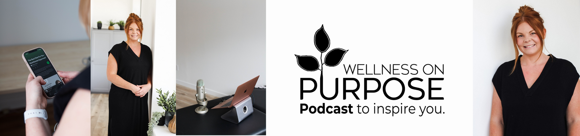 A banner with the Wellness on Purpose logo on the right and a podcasting setup on the left