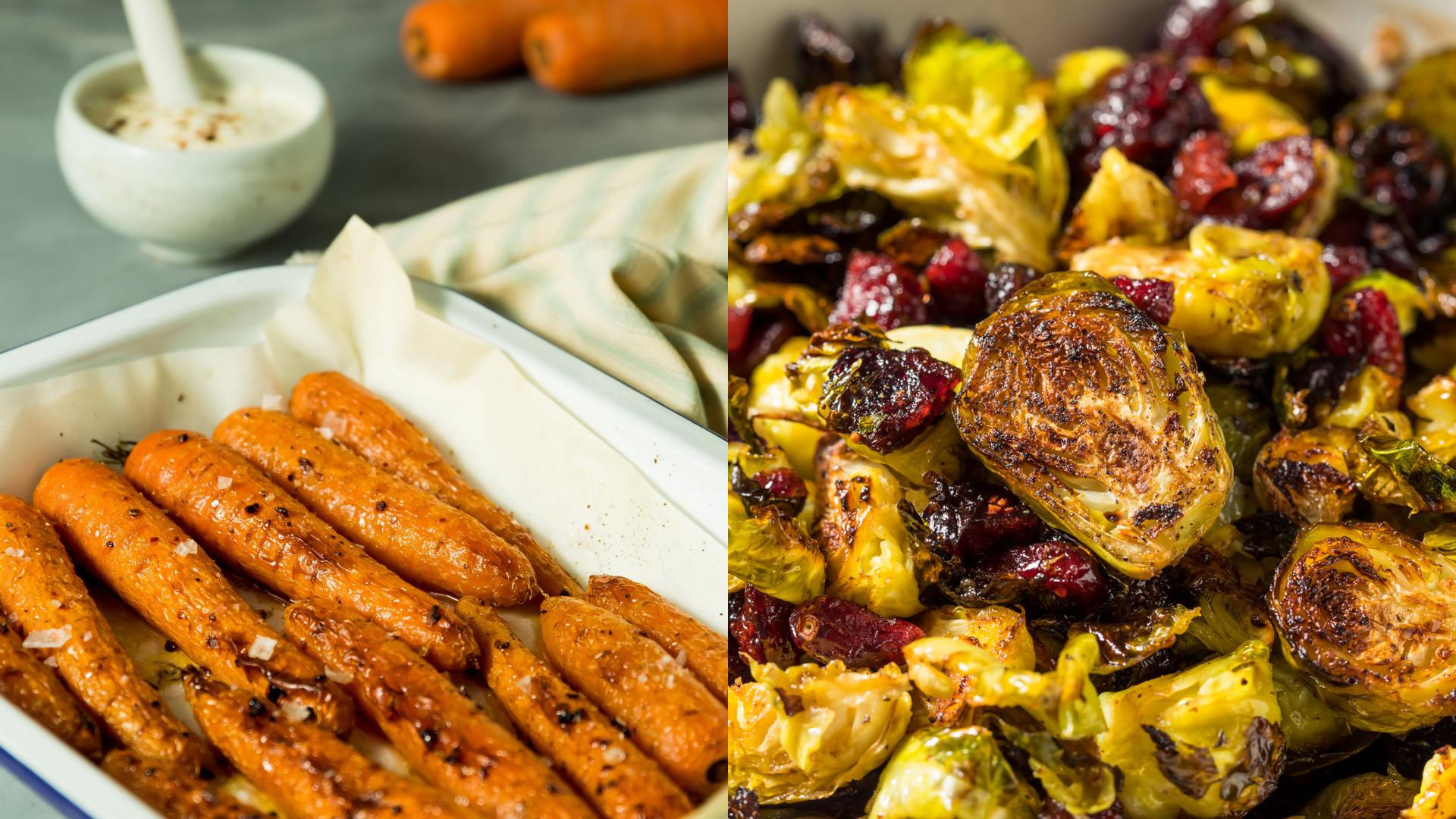 On the left, cooked carrots sit in an oven-ready tray and on the right, cooked brussell sprouts sit in a tray.