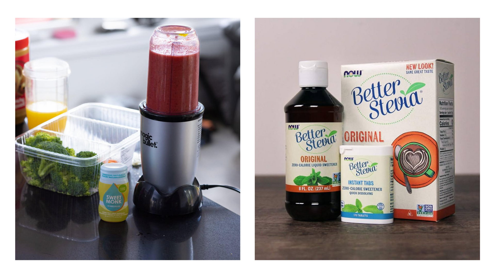 A blender next to some vegetables and a box and bottle of Better Stevia