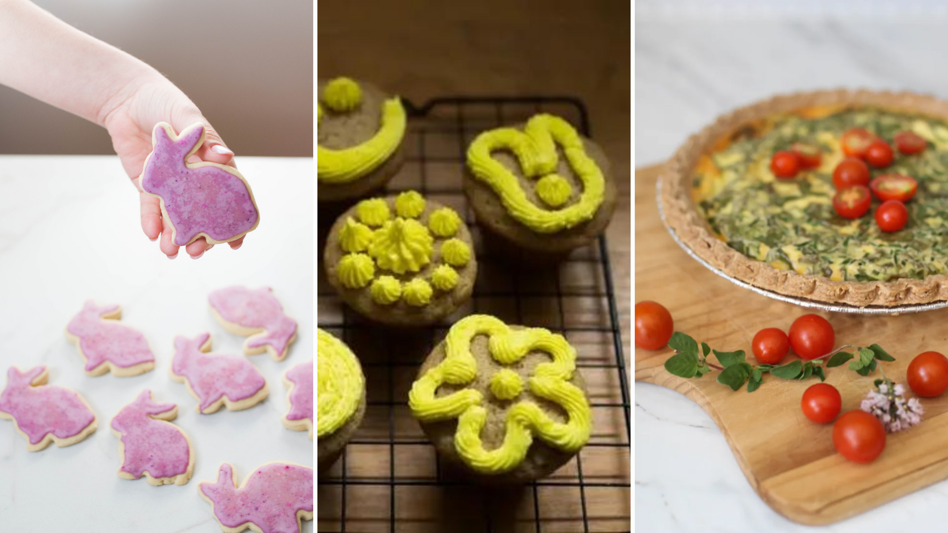 3 Pictures, on the left are sugar cookies, in the middle are cupcakes and on the right is a quiche