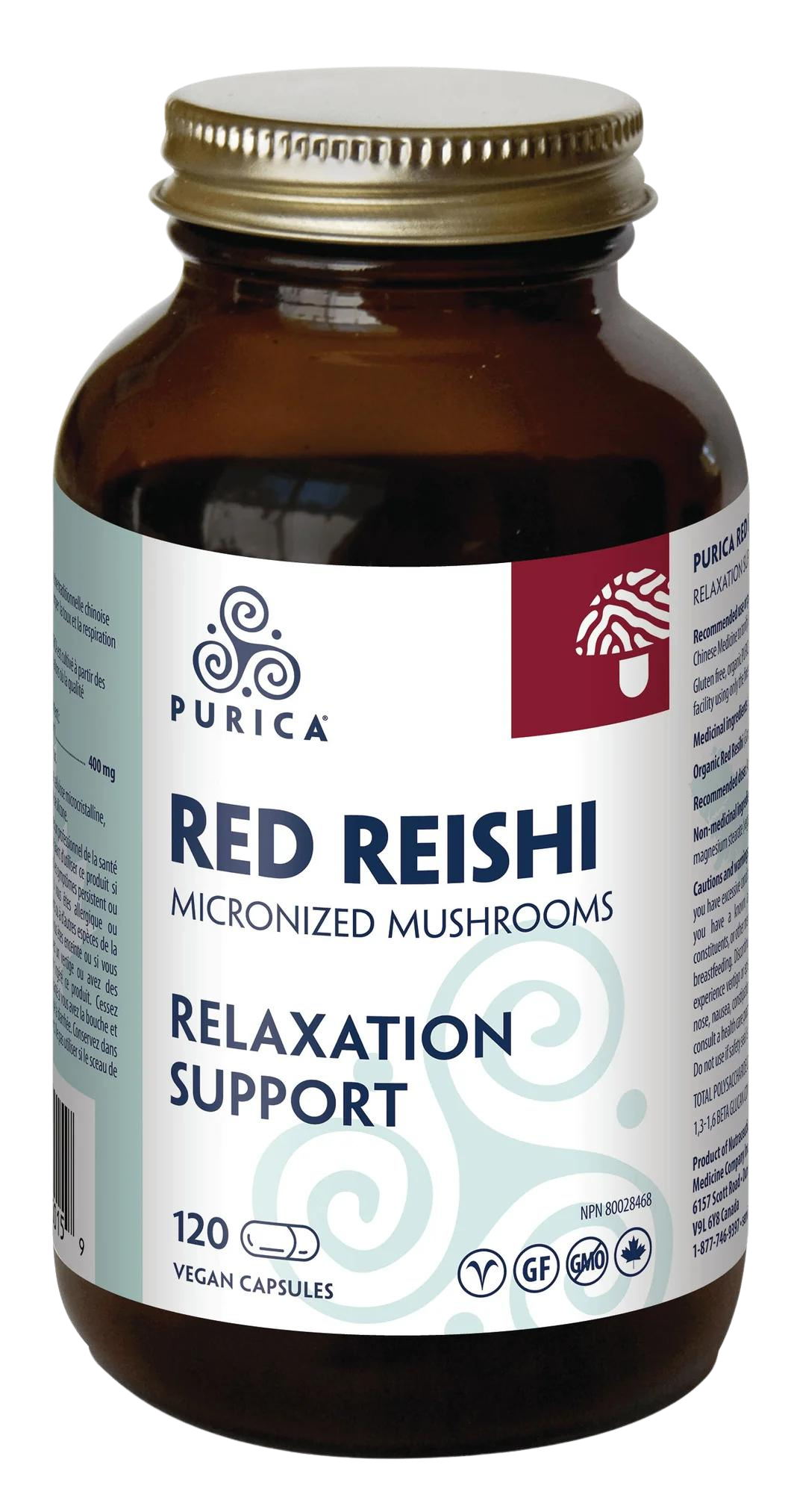 A bottle of Purica Red Reishi Micronized Mushrooms