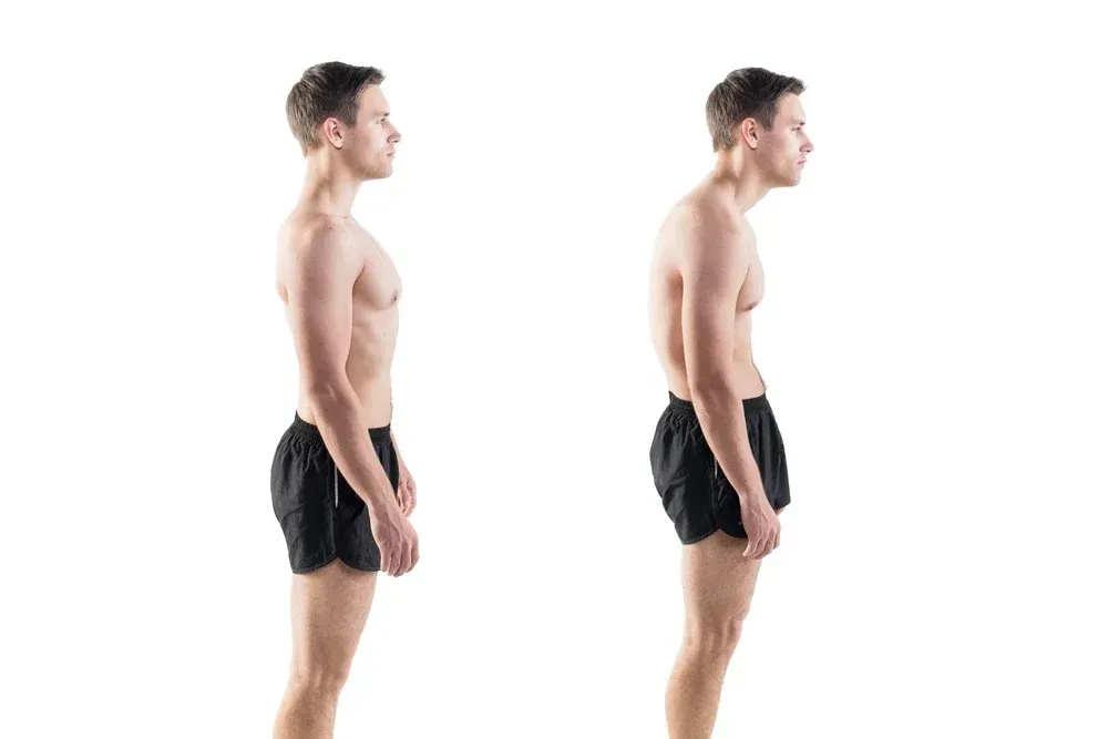 a display of a man with proper posture (left) and a man with poor posture (right)