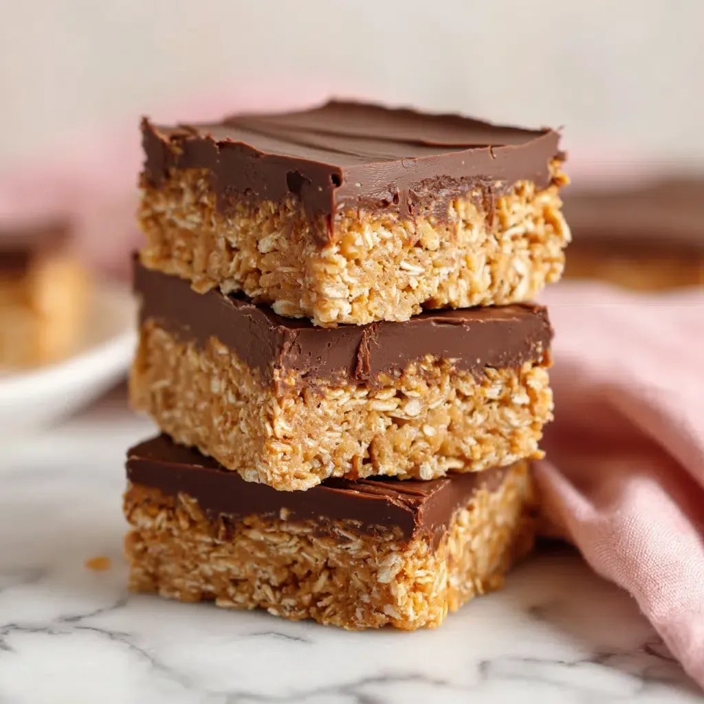 Chocolate Peanut Butter Oatmeal bars stacked on top of each other with other treats in the background