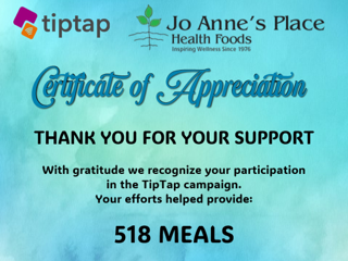 A certificate of appreciation for Jo Anne's Place for participating in the Tip Tap Campaign