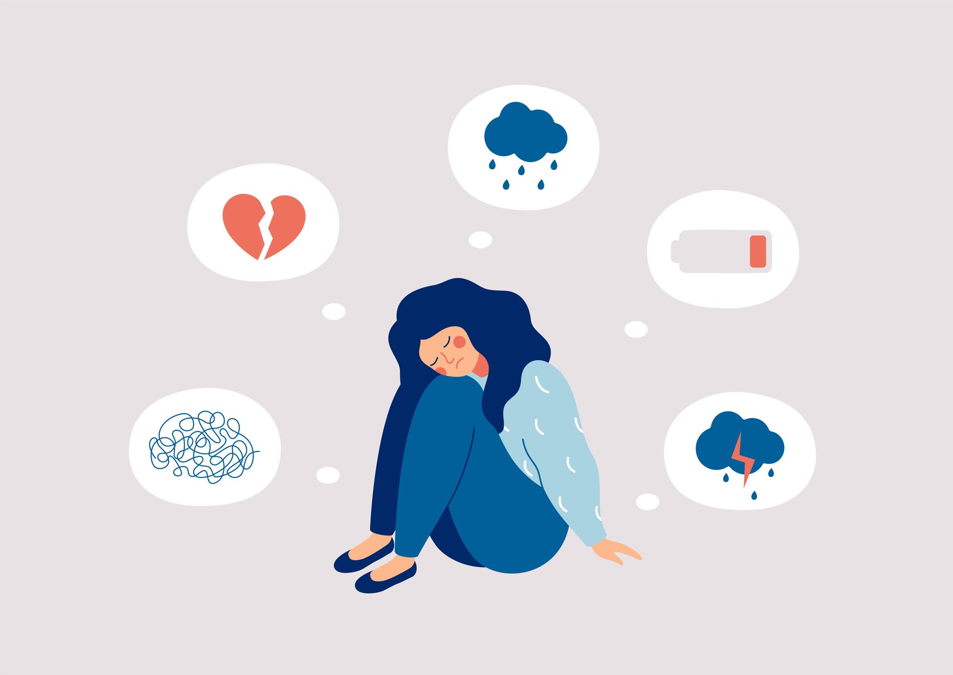 A woman sits on the floor with thought bubbles surrounding her like low battery or broken heart