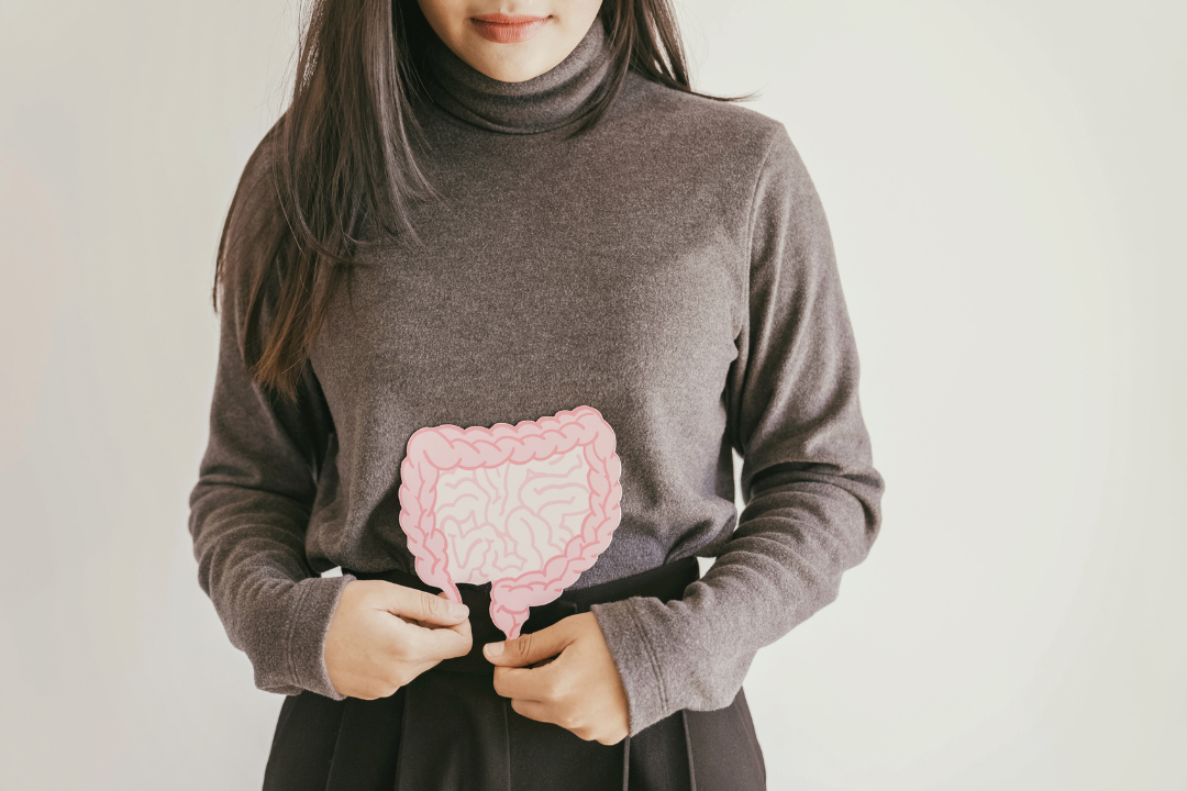 A Woman holding a cardboard cutout of a diagram of a stomach over her torso