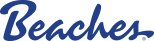The logo for beaches resorts by sandals is blue and white.