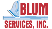 BLUM Services, Inc. logo with red text and a blue industrial tool graphic
