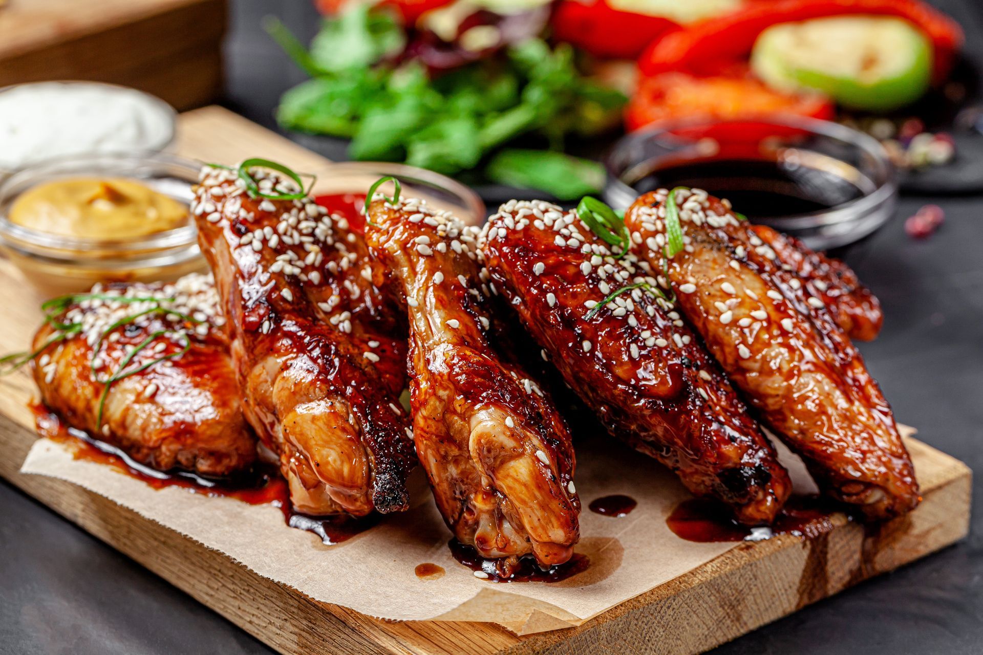 A wooden cutting board topped with chicken wings and sauce