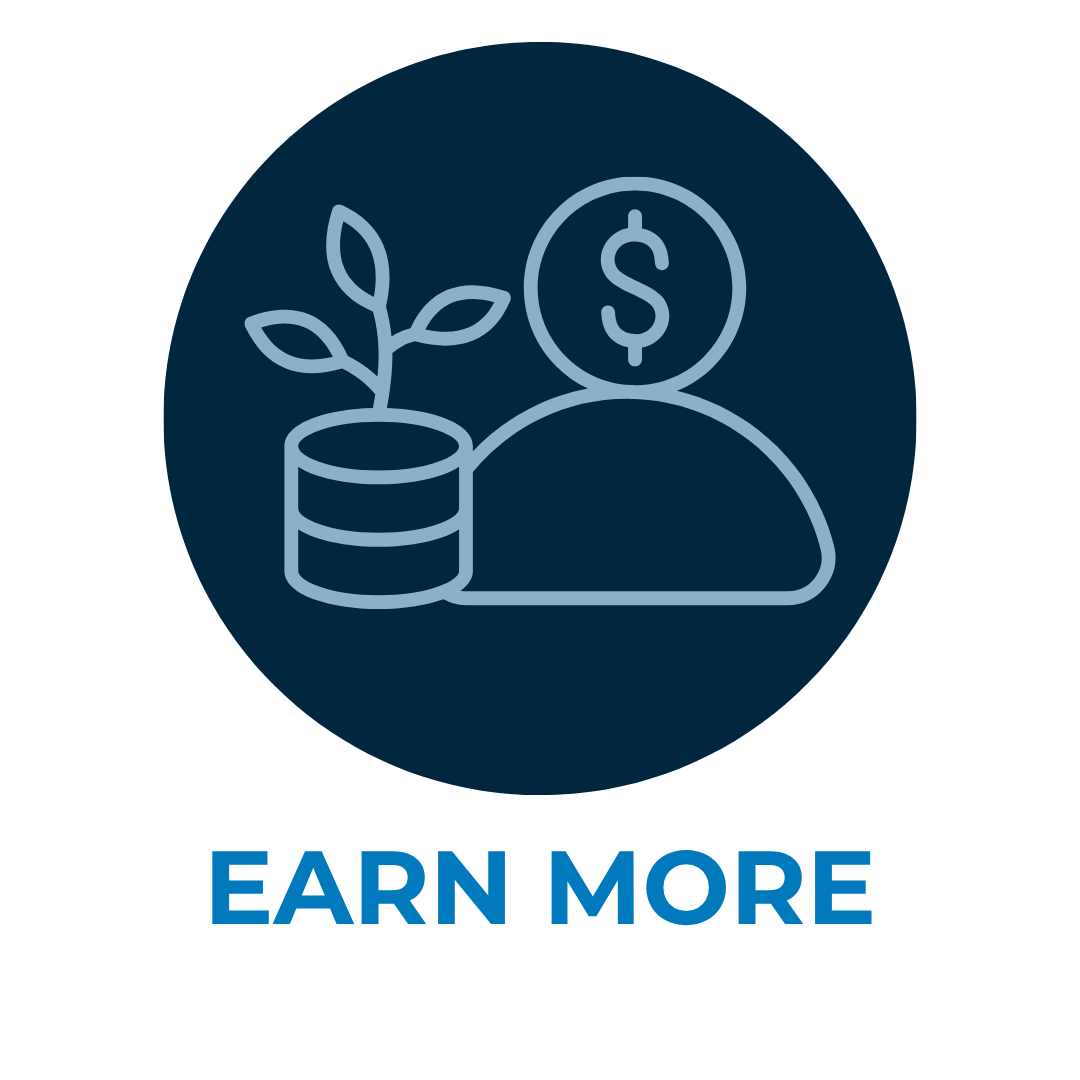 Blue icon of coin stack, sprouting plant, and money symbol above “EARN MORE” text